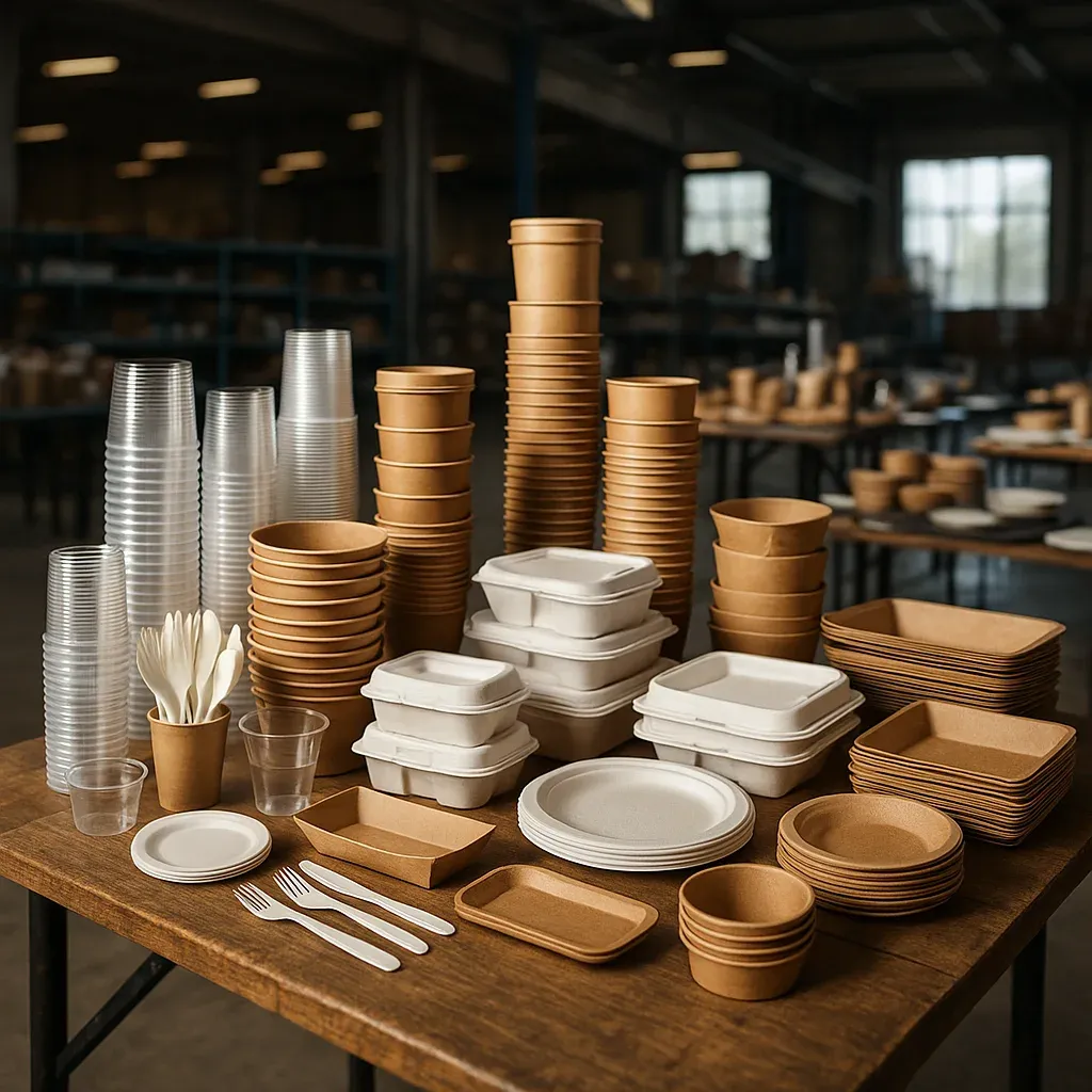 Becher, Menüboxen, Pappschalen und Holzbesteck für Catering auf einem Tisch